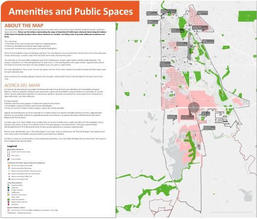 Focus Areas and Amenities & Public Spaces Using the interactive map please select the appropriate pin and place it (drag and drop) on the map where you would like to see that type of amenity or public space feature. The map depicts the boundary for the entire South Community Area Plan. You may zoom into the map and place pins anywhere within the Plan Area and share your thoughts by typing in the comments section.