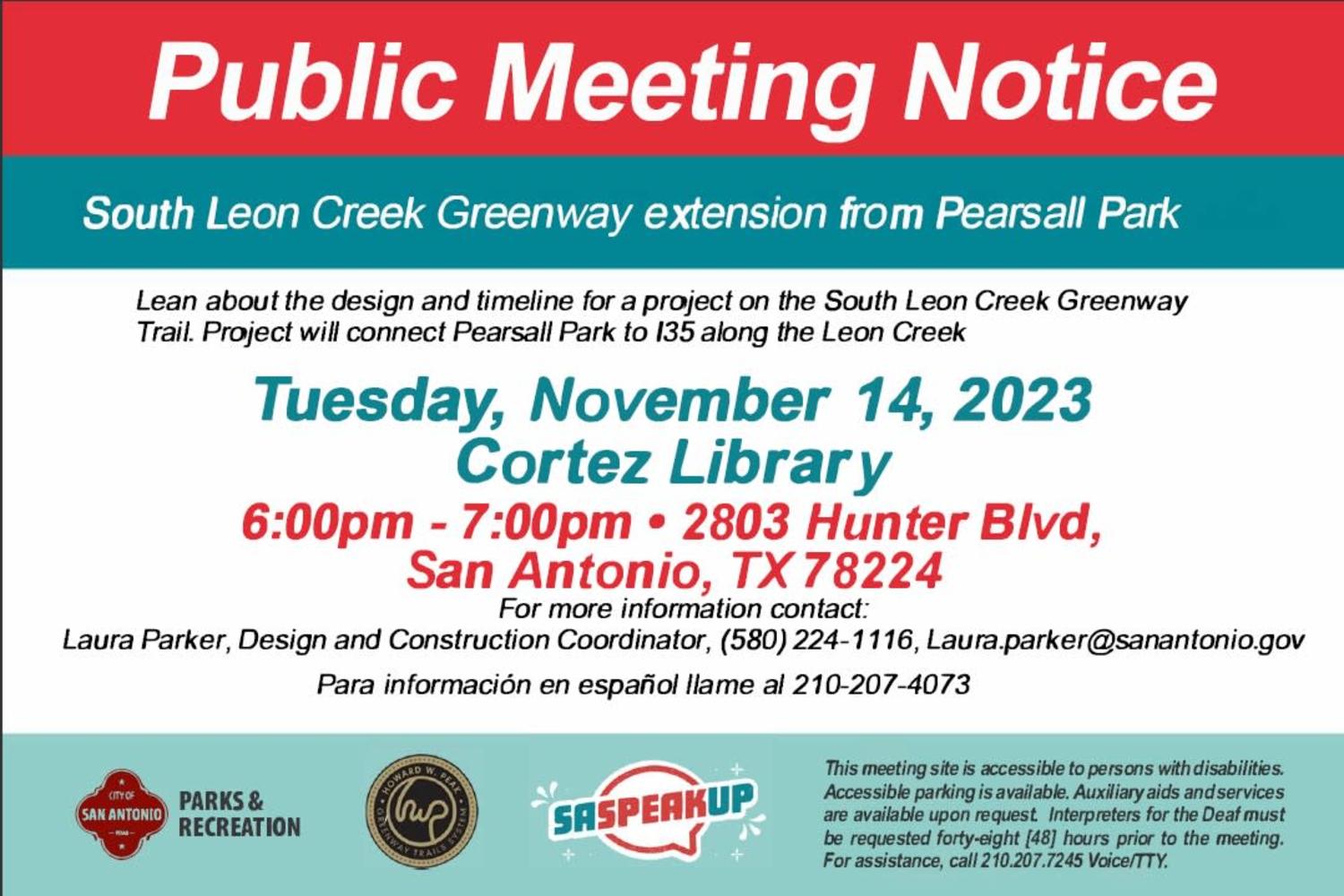 Featured image for Public Input Meeting: South Leon Creek Greenway extension from Pearsall Park