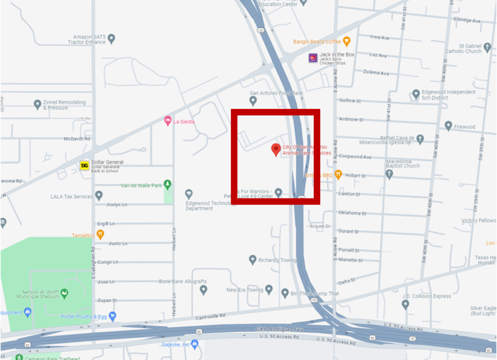 Map of the location with Animal Care campus highlighted by a red square.
