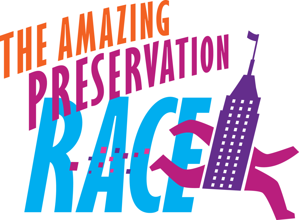 A Purple skyscraper with pink arms and legs running across the words The Amazing Preservation Race