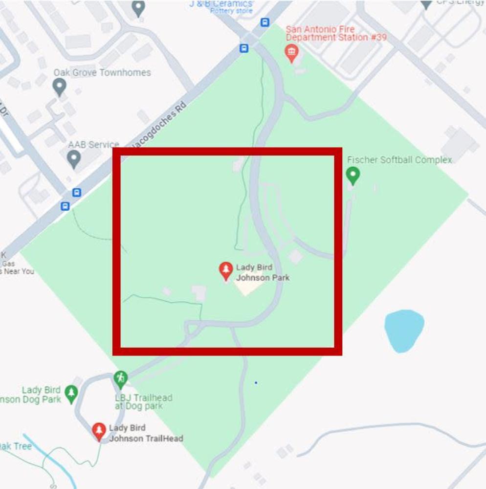 Ramani ya Lady Bird Johnson Park. Mraba nyekundu inaonyesha eneo la tovuti ya mradi.
