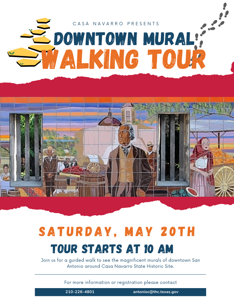 Flyer advertising the Downtown Mural Walking Tour with stepping stones and foot steps above a photo of the colorful tile mural of Jose Antonio Navarro in a brown suit standing in front of produce being sold from wagons in front of the San Fernando Cathedral 