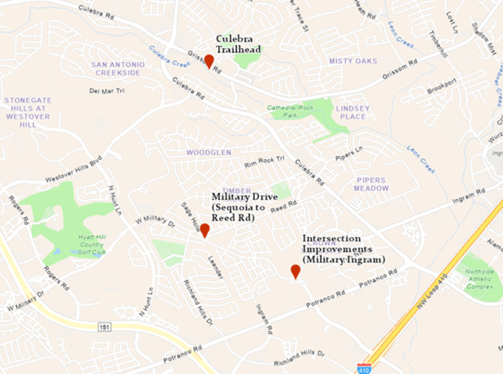 This photo shows a map of Intersection Improvements (Military Ingram), Military Dr (Sequoia to Reed Rd) and Culebra Trailhead with red markers to indicate the project site locations.
