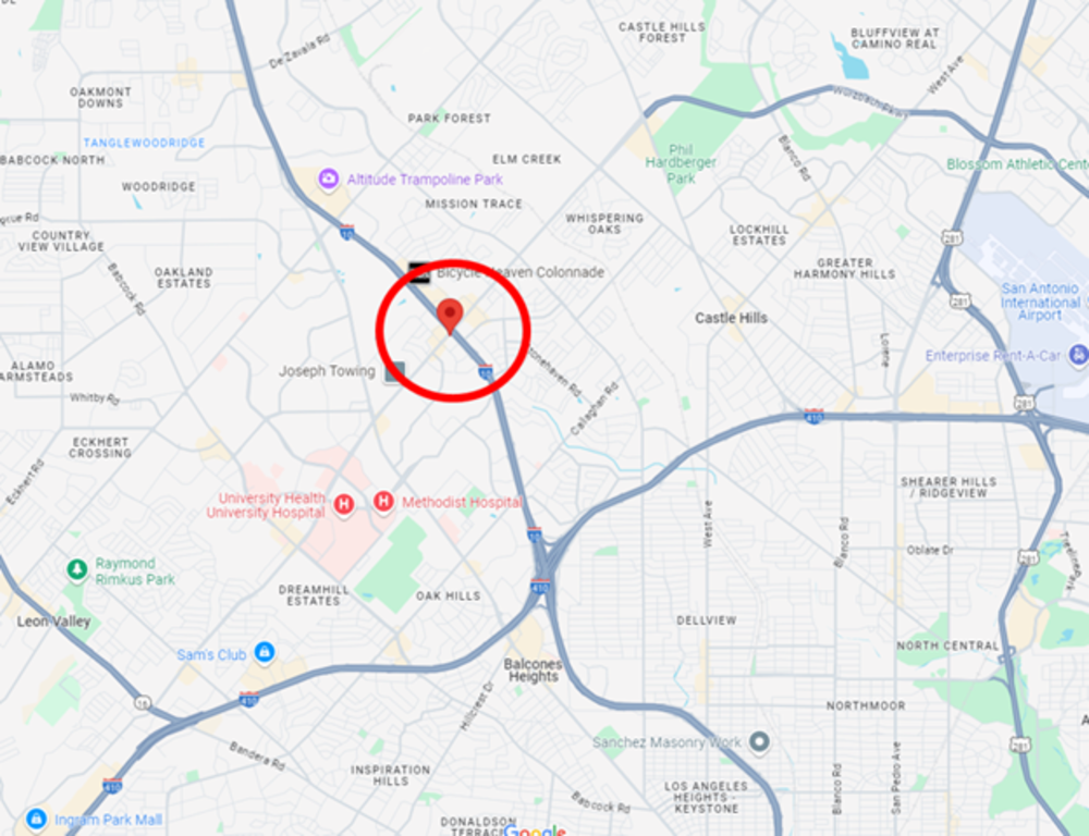 뷔르츠바흐와 I-10 교차로 지도입니다. 빨간색 원은 프로젝트 위치(31396 Turnaround, San Antonio, TX 78230)를 나타냅니다.