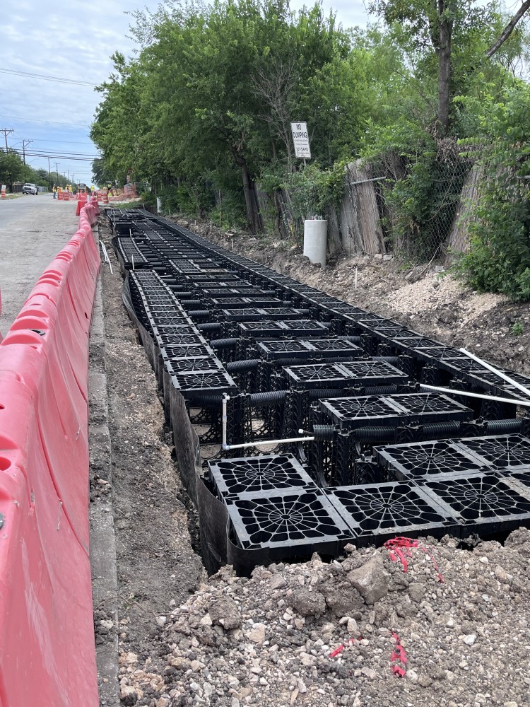 Soil cell's installation along the eastside sidewalk of Memorial St. - North view