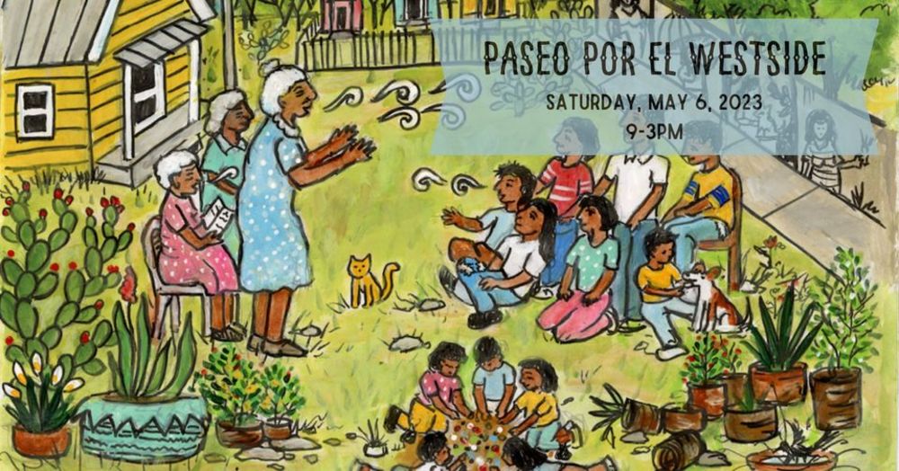 Colorful drawing depicting elder women in blue, pink, and green dresses in a verbal exchange with a group of young people seated on a lawn in the front yard of a wooden house. Nearby small children are gathered around a game on the ground. Pots of cactus, other succulents, and flowers are spread in the foreground.